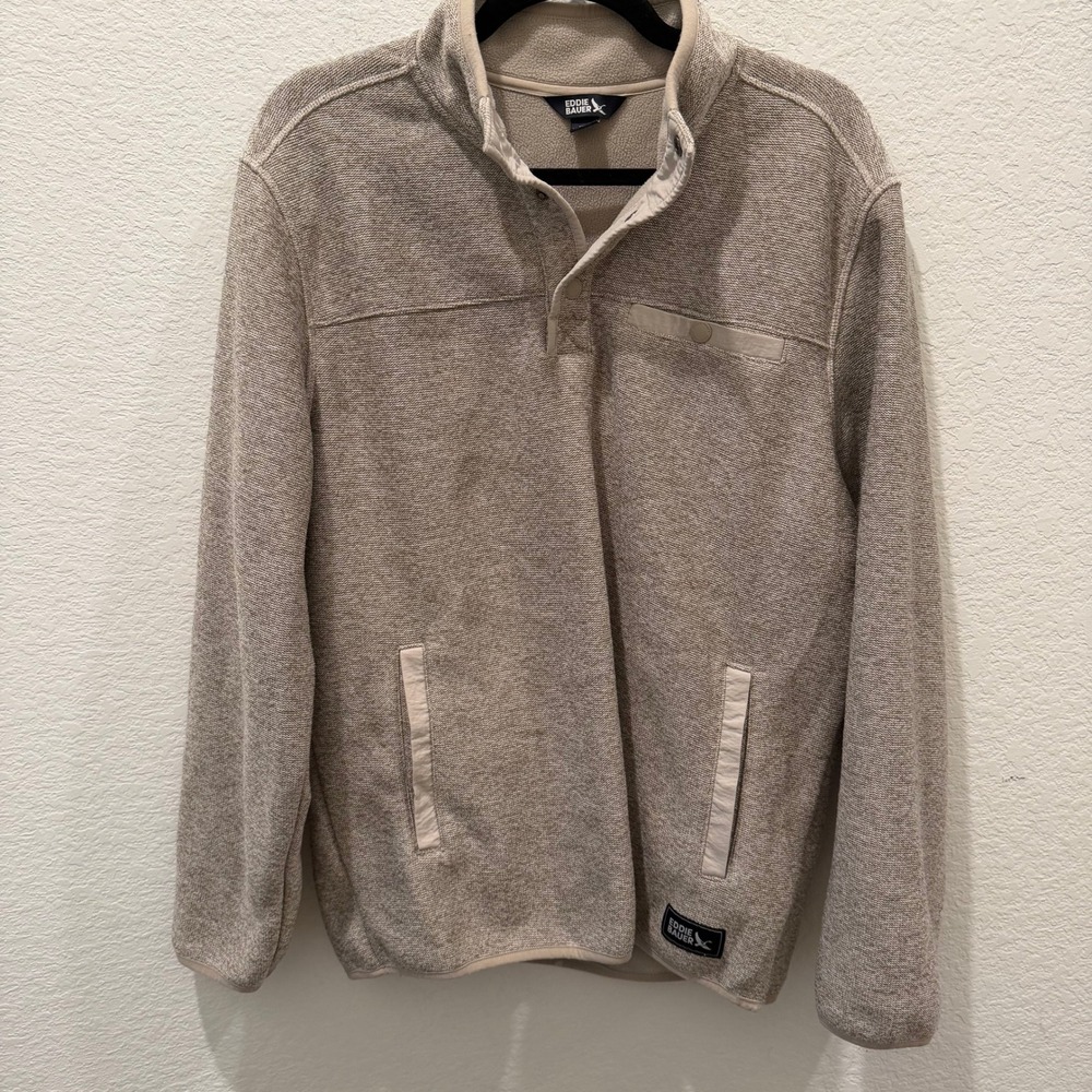 Eddie Bauer Mens Sweater Fleece Pullover Tan Oatmeal Mock Neck Snap Button M